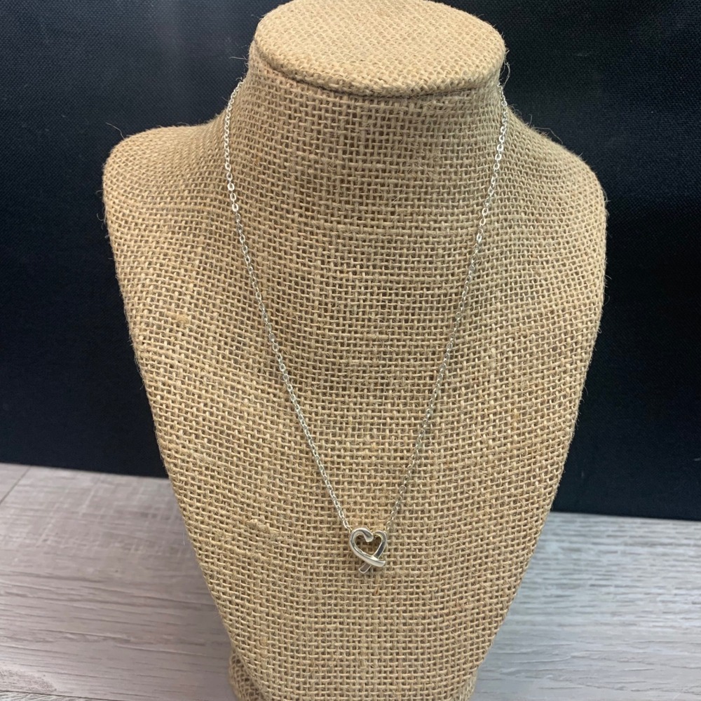 Silver Tone Open Crossover Heart Pendant Necklace 16 Inch Adjustable Chain 5593